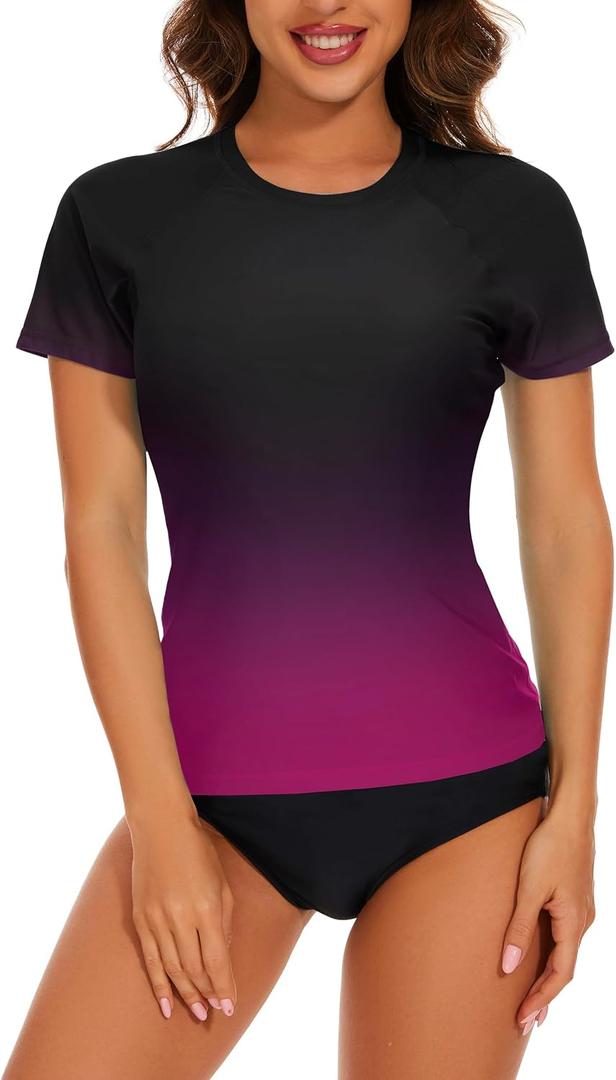 Bonneuitbebe Women's Short Sleeve Rash Guard with Built in Bra Swim Shirt UPF50+ Quick Dry Bathing Suit, XL