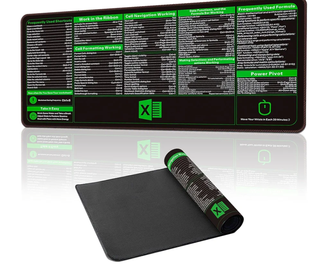 Excel Cheat Sheet Desk Pad,Excel Shortcuts Mousepad,35.4”x15.7”ExtraLarge Waterproof Stitched Edges and NonSlip Office Desk Mat Keyboard Pad, Pack of 2