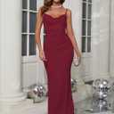 Aigeman Women Spaghetti Straps Mermaid Evening Gown Wedding Guest Dress Drape Neck Lace Backless Formal Maxi Dress 21 (Red, M)