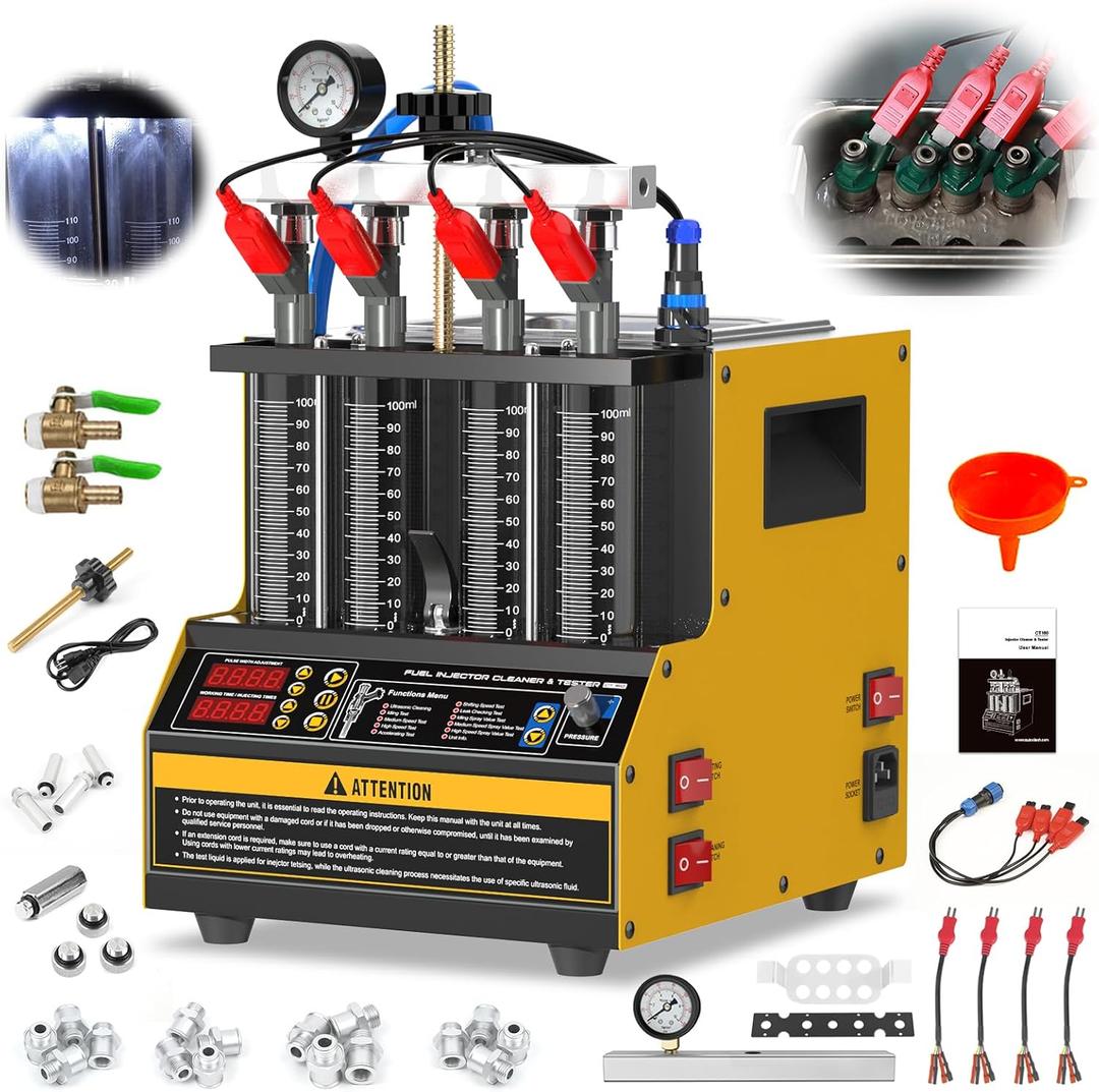 Fuel Injector Cleaner Machine 4 Cylinder Ultrasonic Fuel Injector Tester Cleaner, 9 Test Modes Cars Motorcycles injector tester and cleaner kit, Heated Cleaning Fuel Injection Machine with 1600ml Tank (orange)