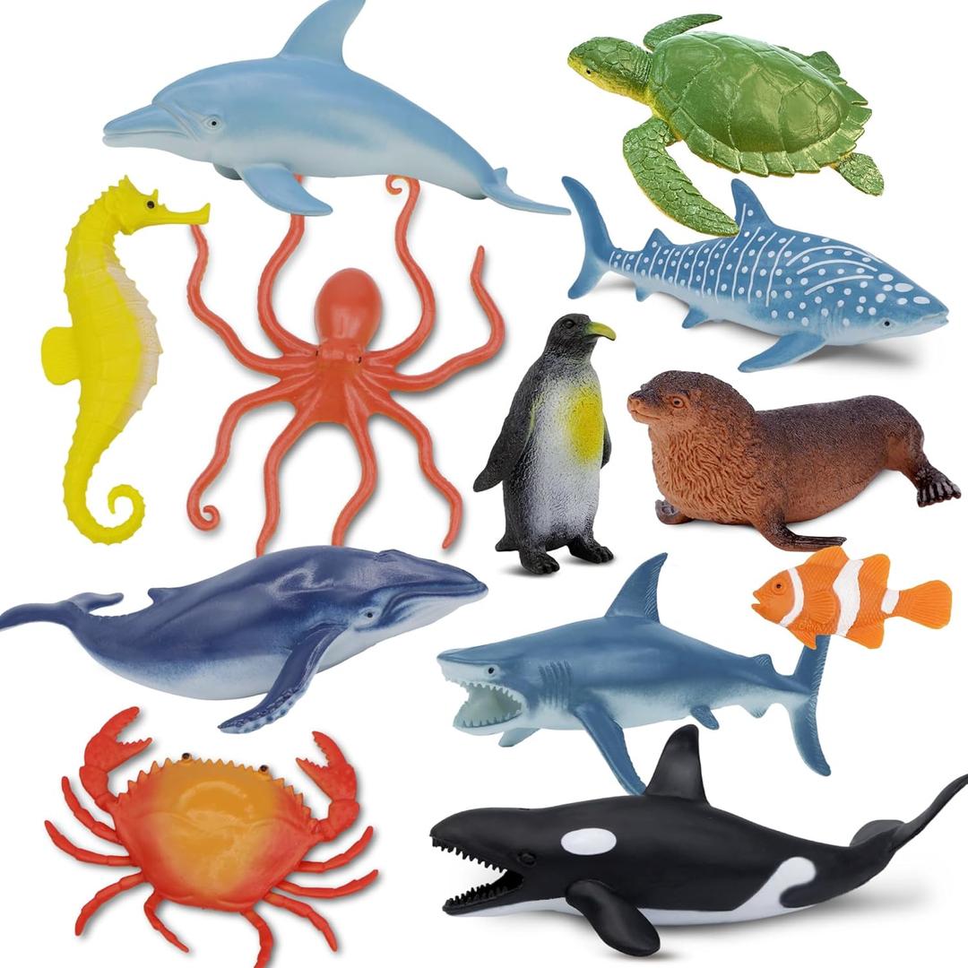 Ocean Sea Life Toy Figures Set for Kids, 12 PCS Realistic Marine Animals with Shark, Dolphin, Sea Turtle, Penguin, Seal, Clownfish, Crab, Ocean Animal Figure Toys for Boys Girls Toddlers