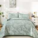 WONGS BEDDING Quilts King Size, Green Quilt Bedding Set with 2 Pillowcases, Botanical Quilt for Queen Bed, Soft Microfiber Lightweight Coverlet Bedspread for All Season (110"×90", 3 Pieces)