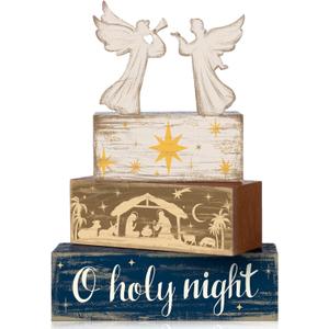 4 Pcs Christmas Angel Table Decor Christmas Wooden Decorative Signage Nativity Scene Tiered Tray Decor Xmas Centerpieces Farmhouse Wooden Block Set Xmas Table Sign for Home