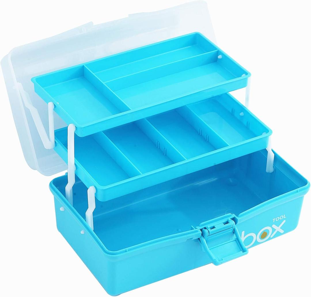 Sunxenze 12'' Three-Layer Clear Plastic Craft Storage Box, Tool Box/Sewing Box Organizer, Art Storage Box with Handle (Light Blue) (1PCS 12 Inch)