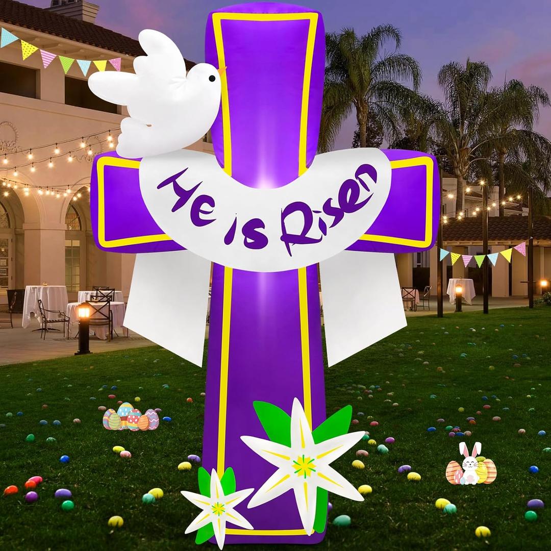 6ft Easter Inflatable Cross Decor - "He Is Risen" With Lilies