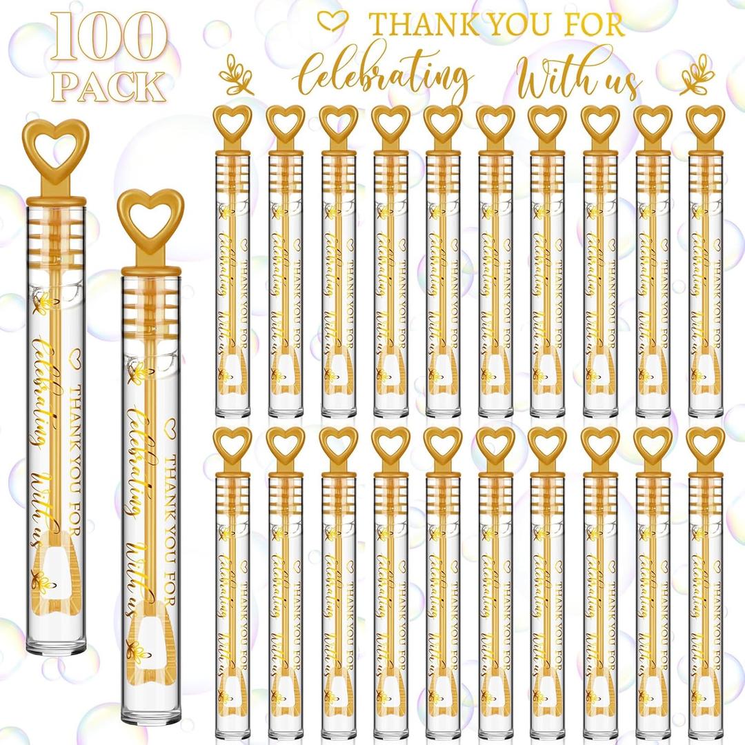 Shappy 100 Pcs Wedding Bubble Bulk Wedding Party Favors Bubble Wand for Guests Send Off with Stickers for Bridal Shower Anniversaries Celebration Goody Bag Stuffers Filler (Gold Heart)