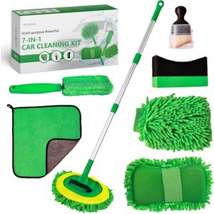 7-in-1 Car Detailing Kit - Powerful Multi-Purpose Complete Auto Cleaning Set with Telescopic Mop, Microfiber Mitt, Towel, Wheel & Interior Brushes