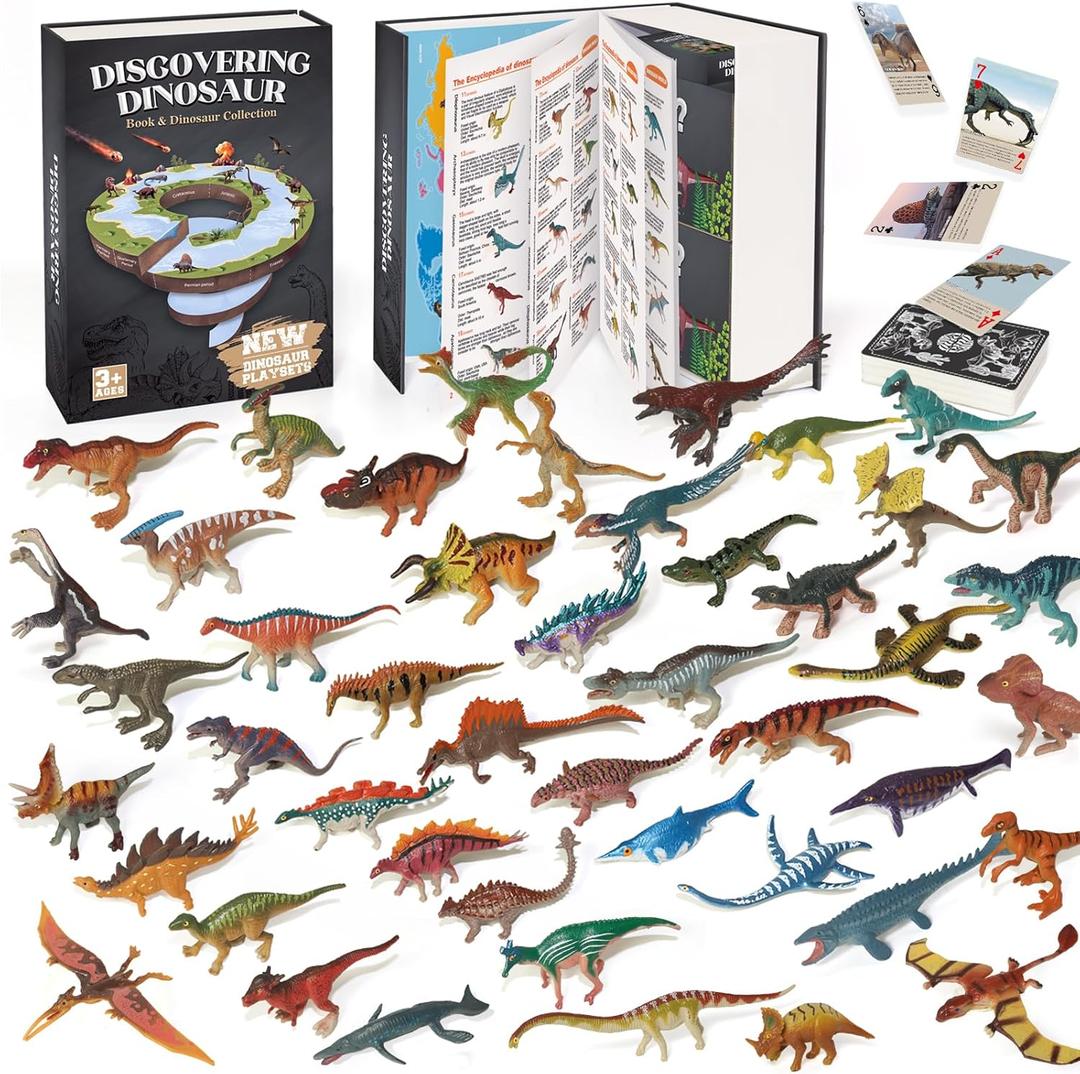 BIWASE Dinosaur Toys Book with 50 PCS Different Dinosaurs Figures & Pokers,Interactive Perfect for Kids Dinosaurs Educational Toys for 3 4 5 6 7 8 12 Year Old Boys&Girls (Coloer1)