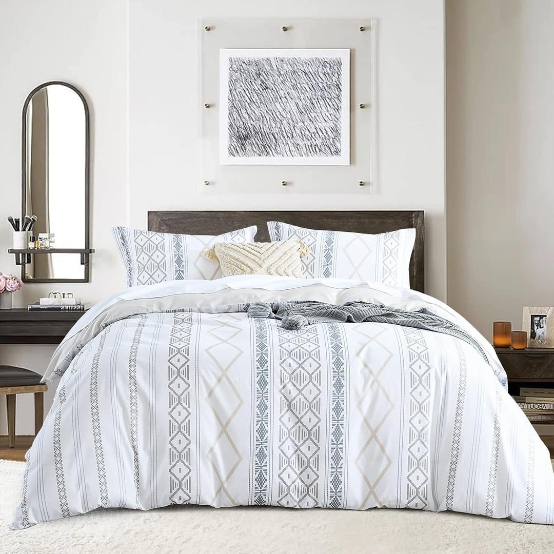 CozyDH Grey Stripe Boho Duvet Cover Set King, 3pcs 100% Cotton Ultra Soft Breathable Aztec Comforter Cover with Zipper Ties, 1 Bohemian White Duvet Cover & 2 Pillowshams(King,Grey) (King (104"x 90"), Beige/Charcoal/White (No Comforter))