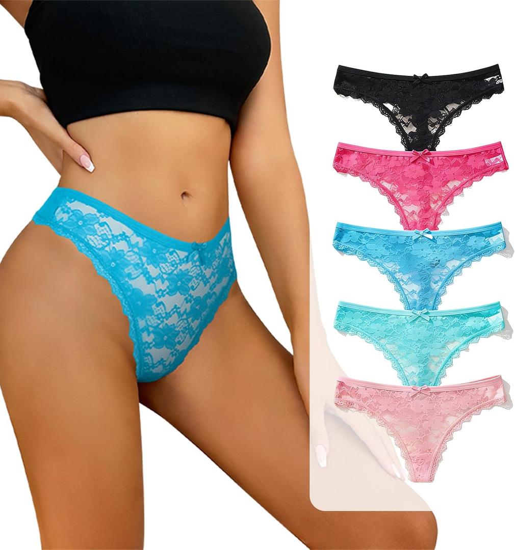 Lace Thongs for Women, 5 Pack Sexy Bikini briefs, Low Cut, Soft & Seamless Underwear for Daily Wear/Dating