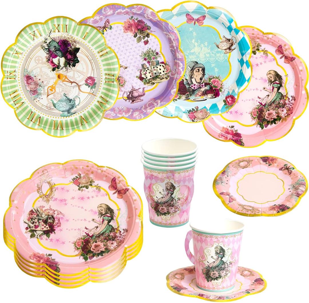 Alice and Wonderland Paper Plates and Cups Paper Saucers Mad Hatter Tea Party Alice Party Decorations Decor Baby Shower Birthday Favor Supplies