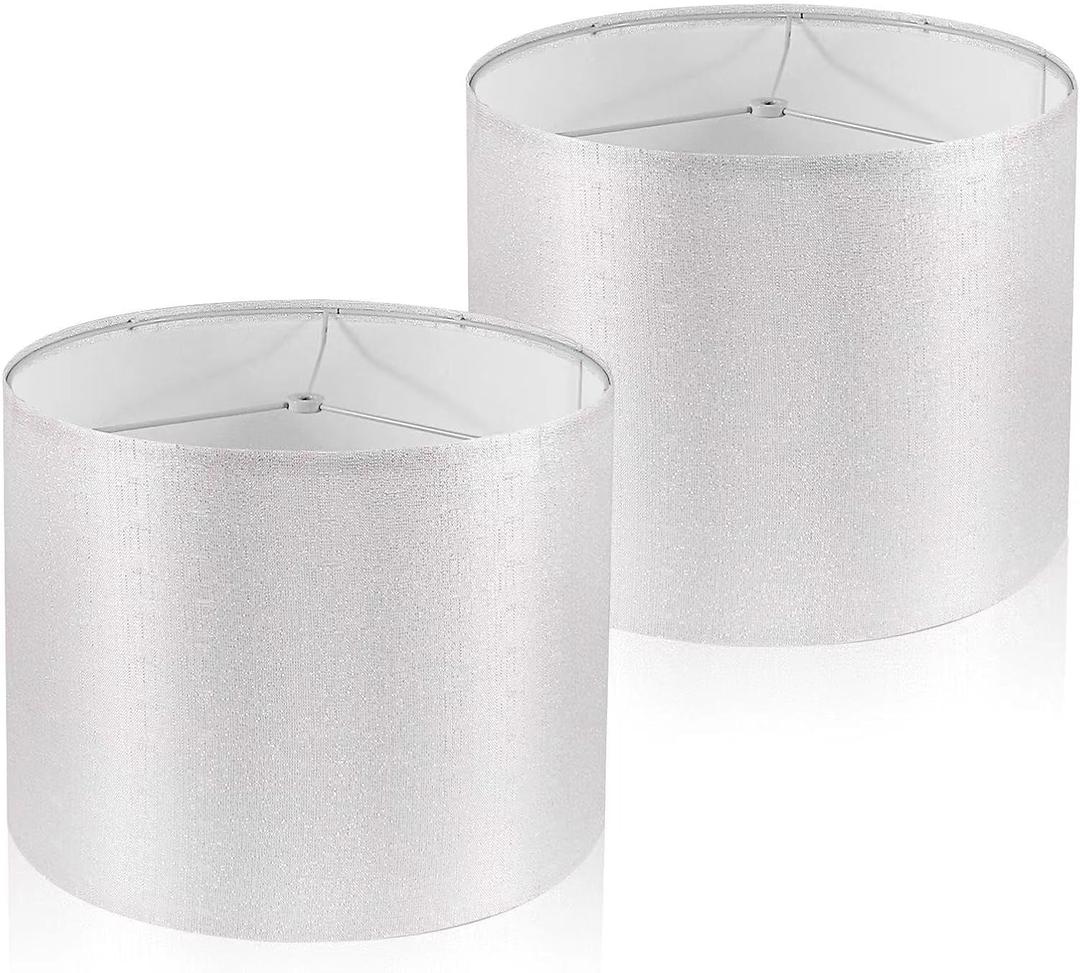 Lamp Shades Set of 2, Drum Lampshade for Table Lamps Floor Lamp, 13" Top X 13" Bottom X 10" High White Sliver Large Line Fabric Lamp Shades, Easy Assembly Replacement Lampshades