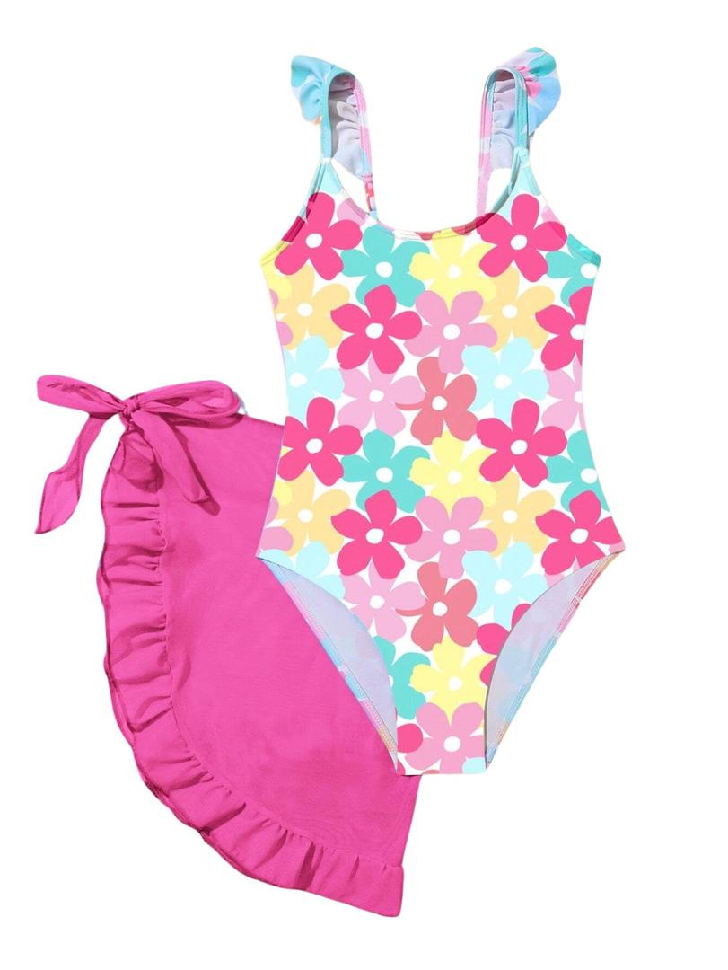 Afsmlys Girls Swimsiut One Piece Bathing Suit with Mesh Cover Ups Adjustable Straps FloralSwim Suit Kids Tween Girl Swimwear Size 13 14 Pink