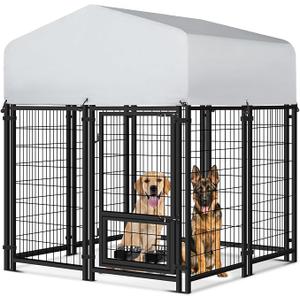 Vagger 4x4x5FT Outdoor Dog Kennel for Large Dogs,Extra Large Welded Wire Fence Playpen for Outside,Newly Upgraded Security Door Lock and Panel Connector/UV-Resistant Waterproof Roof Cover