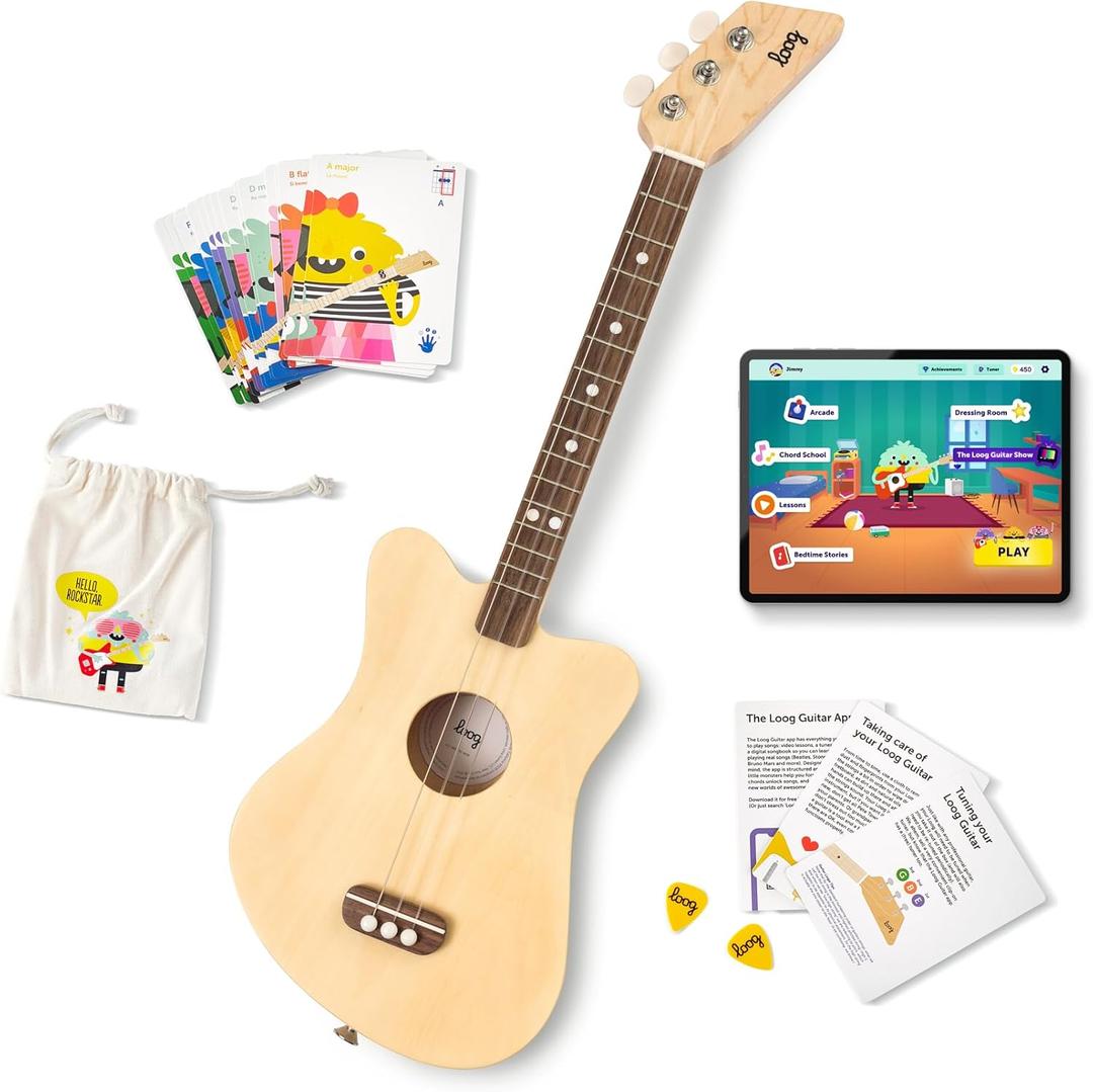 Loog Mini Acoustic kids Guitar for Beginners 3-strings Ages 3+ Learning app and lessons included (Natural)