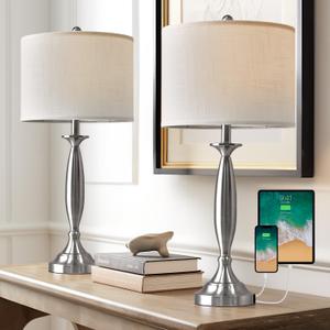 Oneach 27" Modern Table Lamps Set of 2 for Living Room Bedroom with USB A+ C Charging Port,Brushed Steel Bedside Lamps for Night Stands,Fabric Drum Shade Nightstand Lamp Light for End Tables Home