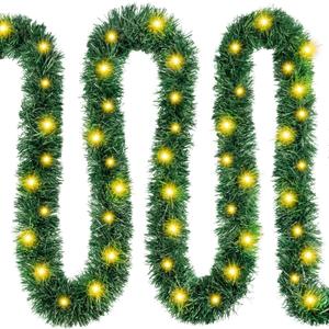 39.4FT Pre-lit Christmas Garland with Lights, 150 Warm Artificial Lighted Tinsel Pine Garlands for Decoration Christmas Xmas Winter Garland for Mantle Door Stairs Party Indoor Outdoor Home Decor