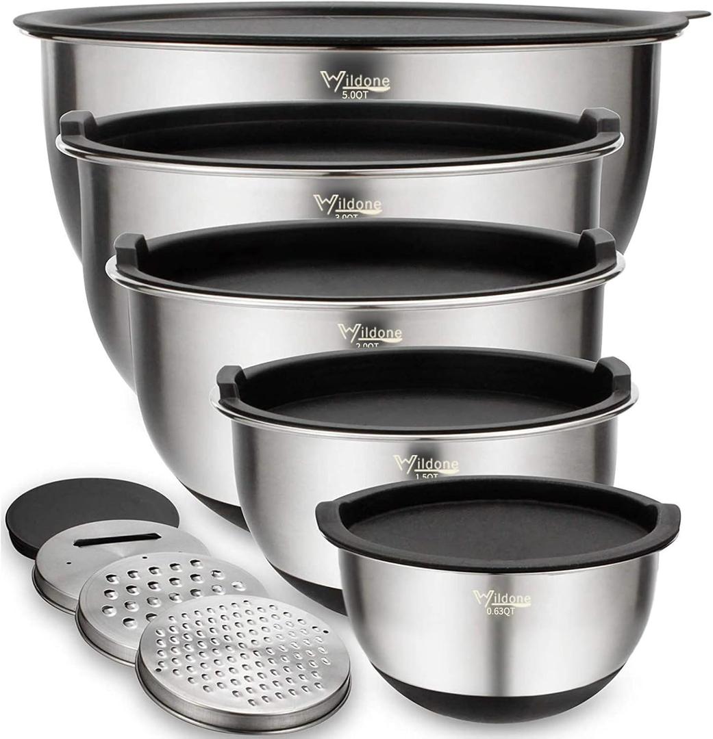 Wildone Mixing Bowls with Airtight Lids Set, 5PCS Stainless Steel Nesting Bowls for Kitchen, with Grater Attachments & Non-Slip Bottoms, Size 5, 3, 2, 1.5, 0.63 QT, Great for Mixing & Serving (Black)