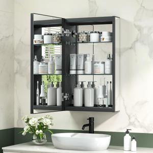TokeShimi 16x26 Bathroom Medicine Cabinet with Mirror Full-Overlay,Aluminum Recessed Mirror Medicine Cabinet Frameless with Removable Tempered Shelves (Black)