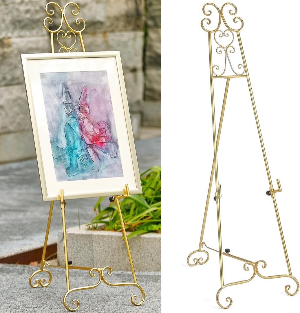 Metal Large Free Standing Adjustable Display Stand Scroll Easel with Chain Support, Gold Easel Stand for Sign, Heavy Duty Easel for Mirror, Wedding, Picture Frame (No Installation Required)