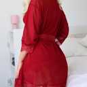 ROJZR Women Lingerie Set 3 Piece Babydoll Lace Kimono Robe Strap Chemise Nightgown Mesh Sleepwear Bodysuit (Red)