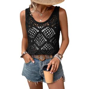 Imily Bela Womens Summer Crochet Tank Tops Knit Sleeveless Scoop Neck Sweater Vest Boho Hollow Out Cover Ups (M)