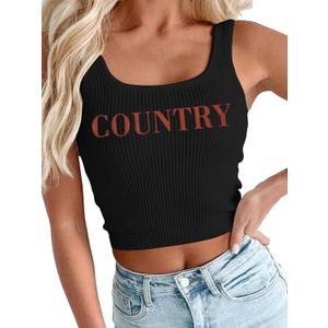 Western Tank Top Country Music Crop Tops Im The Problem Shirt Cowgirl Shirts Country Music Ribbed Knit Crop Top (Black)