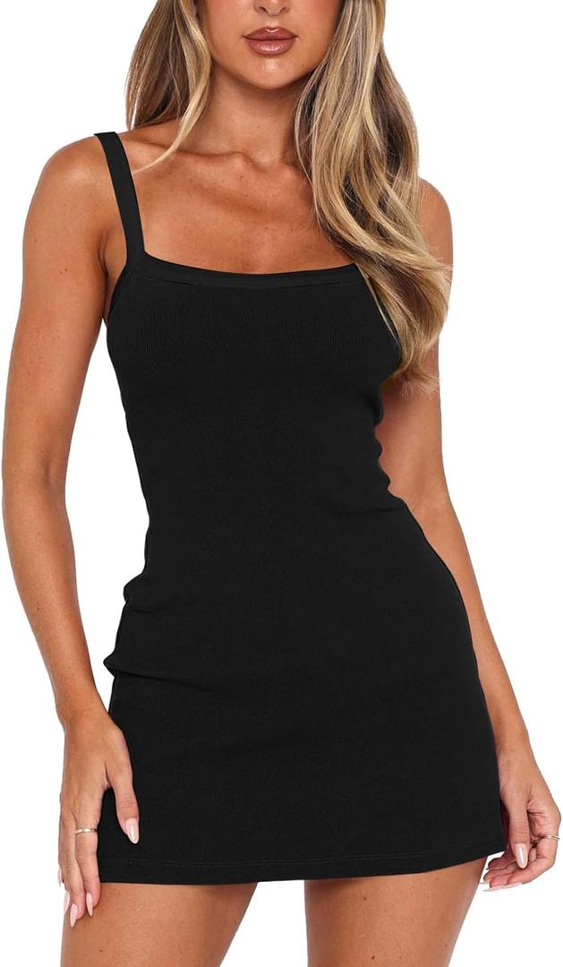 MISSJOY Women's 2026 Summer Ribbed Bodycon Casual Square Neck Sleeveless Tank Top Club Party Mini Dresses