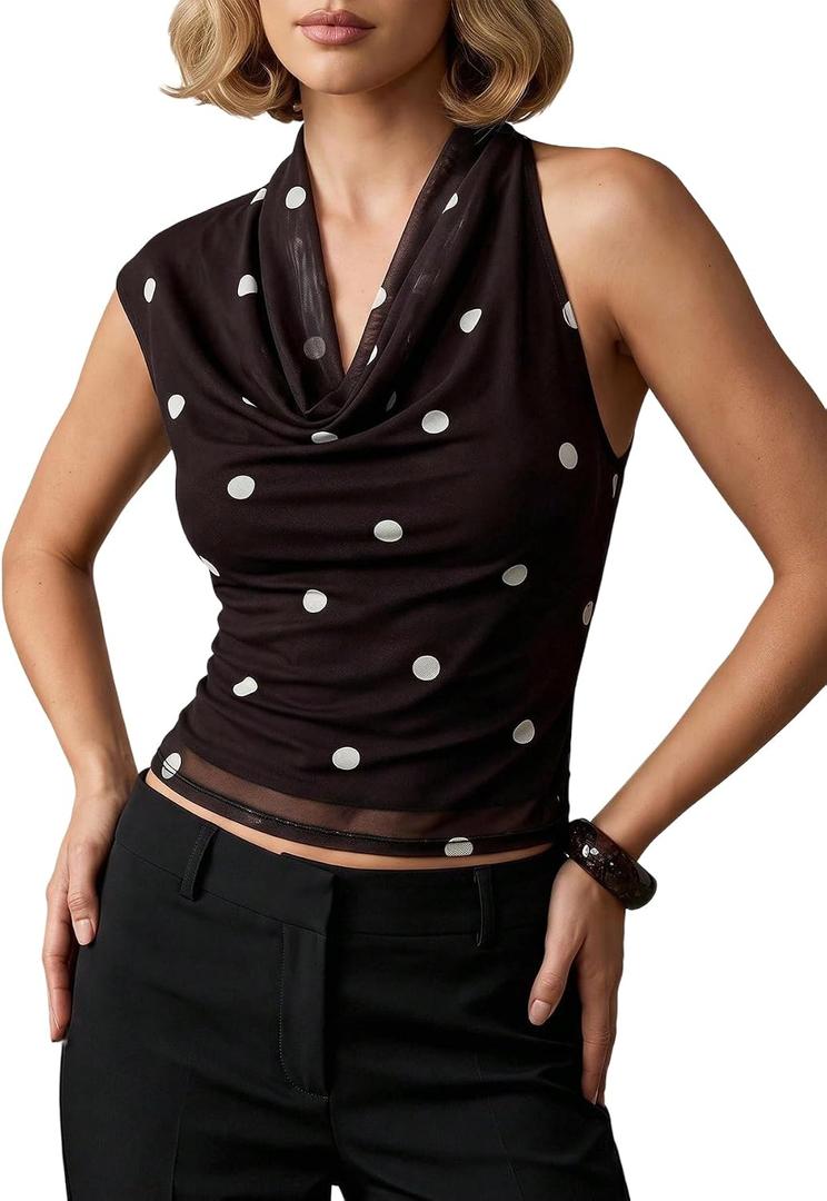 Milumia Women's Polka Dots Mesh Tank Top Ruffle Cowl Neck Sleeveless Sheer Going Out Crop Tops (Black)