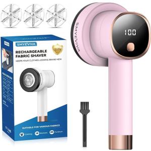 Rechargeable Fabric Shaver for Clothes: 6-Leaf Blades & 3 Speeds to Remove Pilling, Fuzz & Lint Balls - with LED Display, Portable Electric Lint Remover for Sweater, Couch, Blanket, Furniture (Pink)