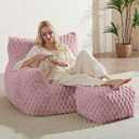Bean Bag Chair with Ottoman - Modern Comfy Beanbag Sofa with Footrest, Soft Faux Fur Lounger Chair for Adults Teens, Cozy Memory Foam Filled Gaming Reading Chairs for Bedroom, Living Room (Dusty Pink), Large