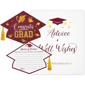 Hunanyume Graduate with Sign, 50PCs Holographic Gold Foil Graduation Wish Card for High School College 2025 Grad Celebration Party Games Supplies Decorations(Maroon)