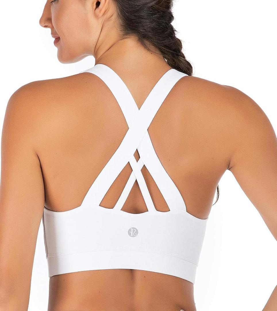 RUNNING GIRL Sports Bra for Women, Criss-Cross Back Padded Strappy Sports Bras Medium Support Yoga Bra with Removable Cups (Large, White)