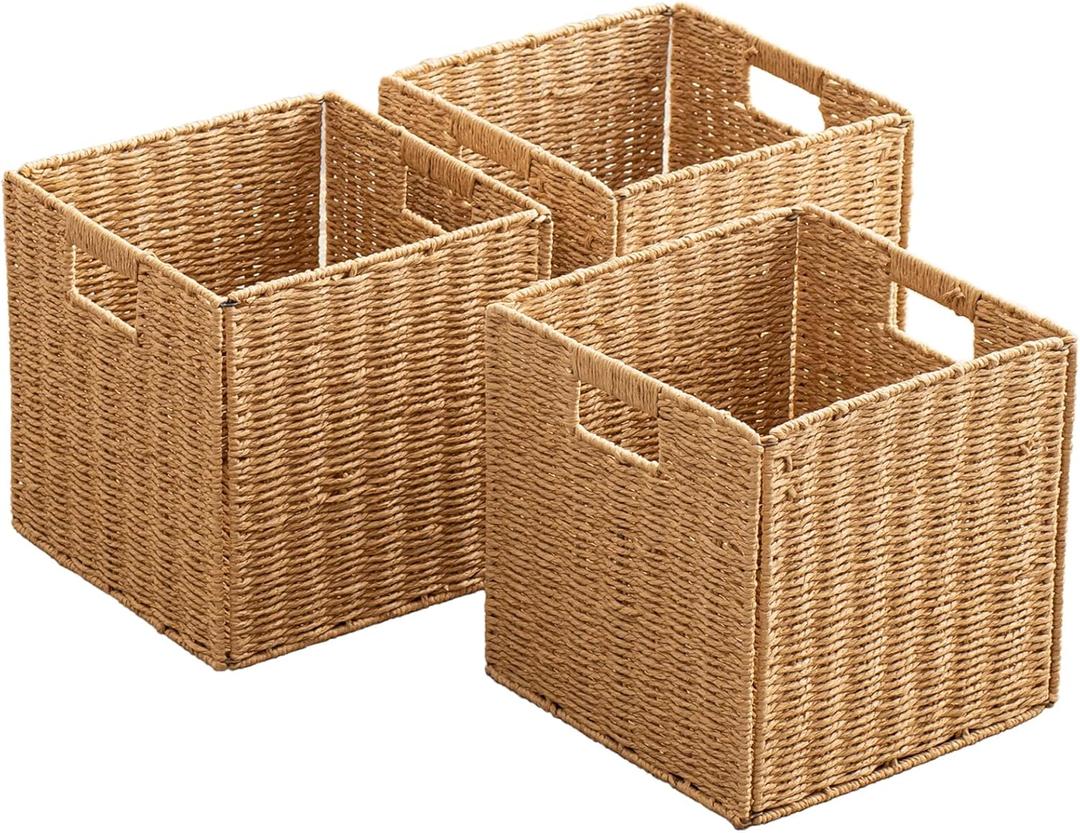Foldable Storage Baskets with Handles Paper Rope Storage Baskets Rectangle Collapsible Hand Woven Storage Cubes Bins for Organizing Shelves Living Room Bedroom Pantry (3, 11'' x 11'' x 11'') (Natural)