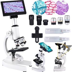 Herwicm Microscope 40X-2500X Magnification, HD Wide Angle Eyepieces, 4-inch High-Pixel Display with LED Fill Light 3, Cell Phone Observable, for Home School Labs (White)