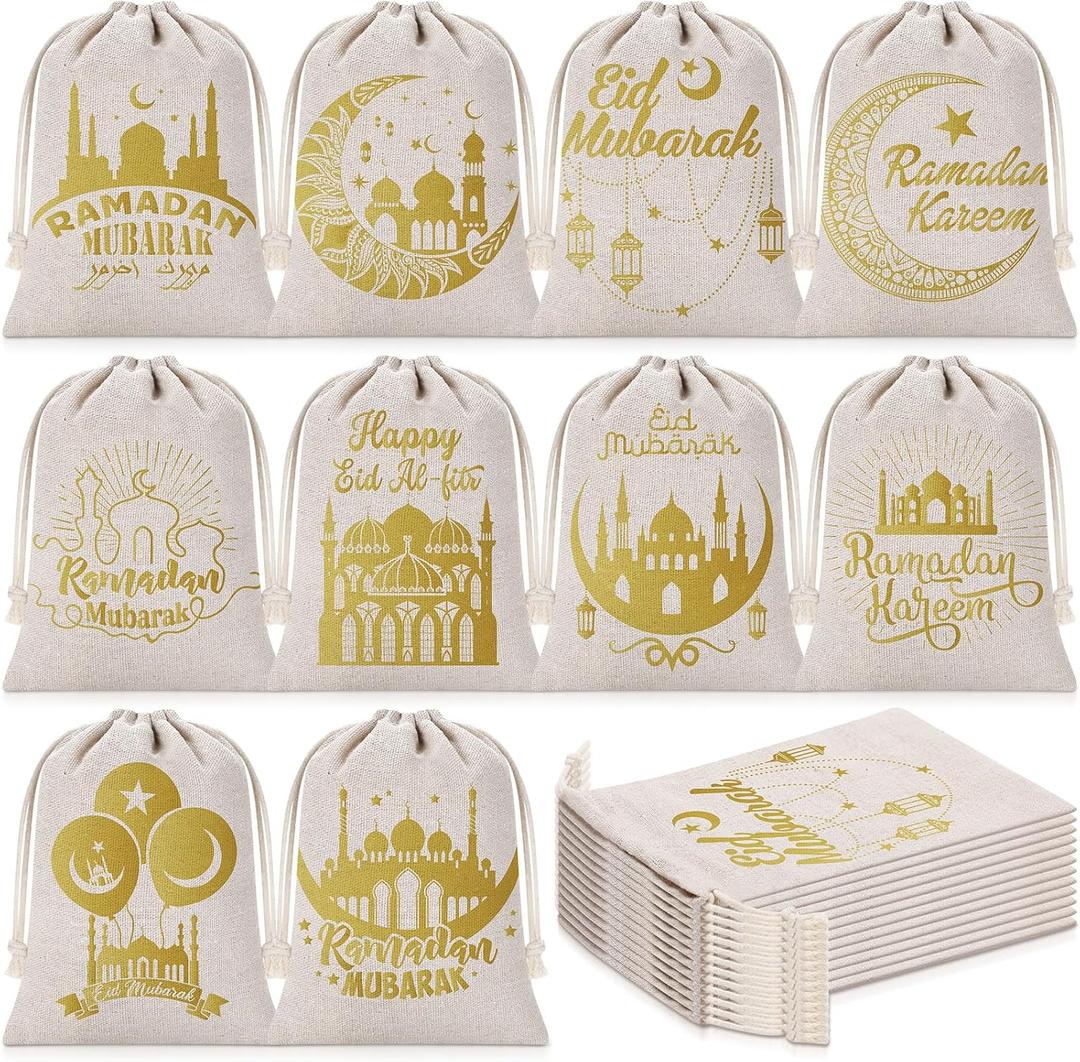 Sweetude 24 Pcs Eid Mubarak Gift Bags Reusable Drawstring Treat Sacks for Ramadan Kareem Decorations - Small Muslim Islamic Party Favors Candy Goodie Pouch for Kids Birthday Eidi Gifts Supplies