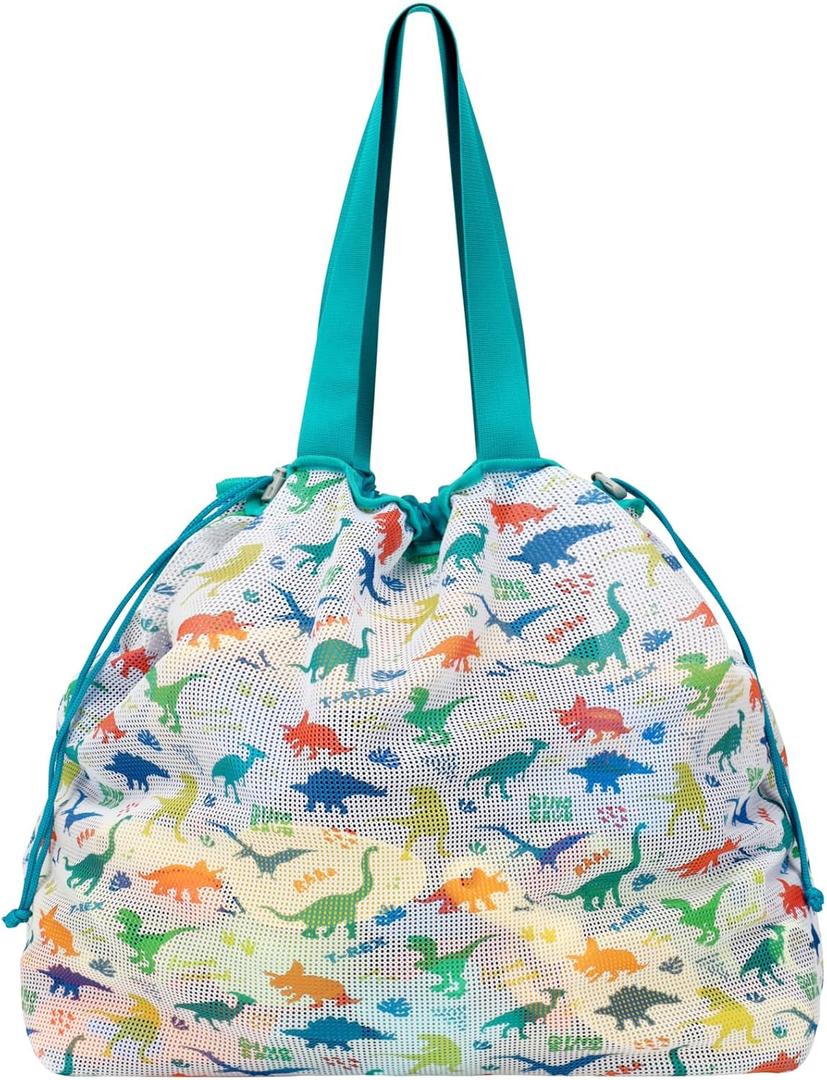 Extra Large Beach Toy Bag with Drawstring - Lightweight Mesh Tote Bag for Sand Toys, Beach Swinmming Pool Essentials, Dino Green (25.6"L x 8.7"W x 22"H)