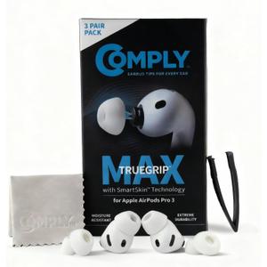 Comply TrueGrip MAX | Premium Memory Foam Replacement Earbud Tips for Apple AirPods Pro Gen 3 | Long Lasting Comfort, MAX Durability, Secure Fit, Superior Noise Isolation| White (Medium) (3 Pairs)