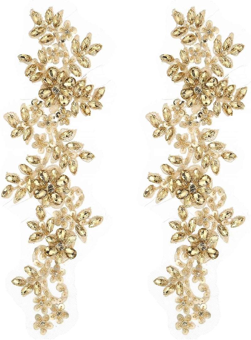 2Pack Rhinestone Applique Patches, Gold Lace Embroidery Patches Sew on Rhinestone Beaded Sequins for Sewing Making Dresses, Wedding Banquet, Evening Gown