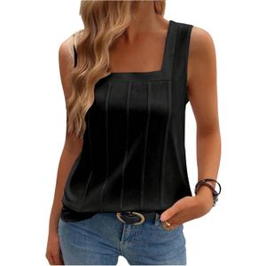 SHENHE Women's Summer Casual Tank Tops Sleeveless Square Neck Slim Fitted Basic Tops (Black, XL)