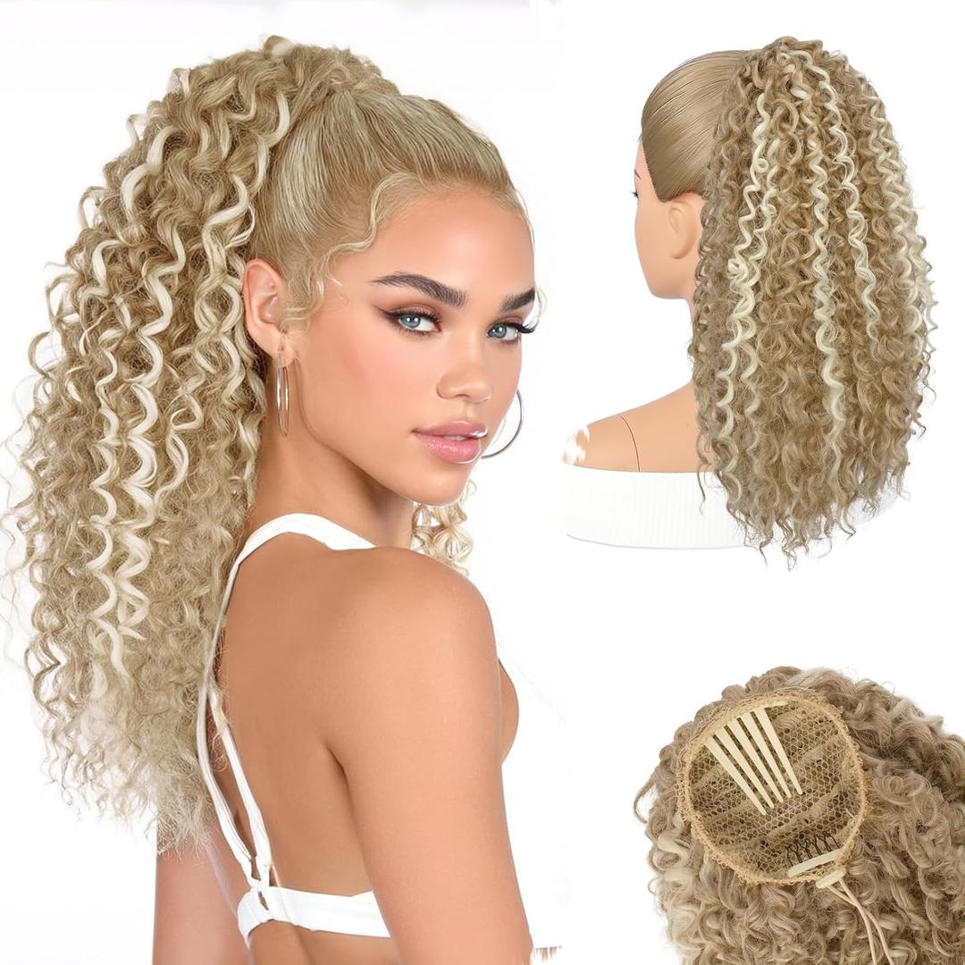 BARSDAR Blonde Ponytail Extension, Curly Drawstring Ponytail Pure Protein Fiber Bohemian Wavy Curly Drawstring Comb Clip in Pony Tails Hairpieces Fluffy Natural Soft Daily Party, Blonde Highlights