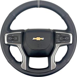 Hand-Sewing Steering Wheel Wrap Cover Black Perforated Leather/Grey Marker Strip Wrap Interior Protection Accessories for Chevrolet Silverado 1500 2019-2021 2500HD 3500HD/ Chevy Suburban 2020-2022