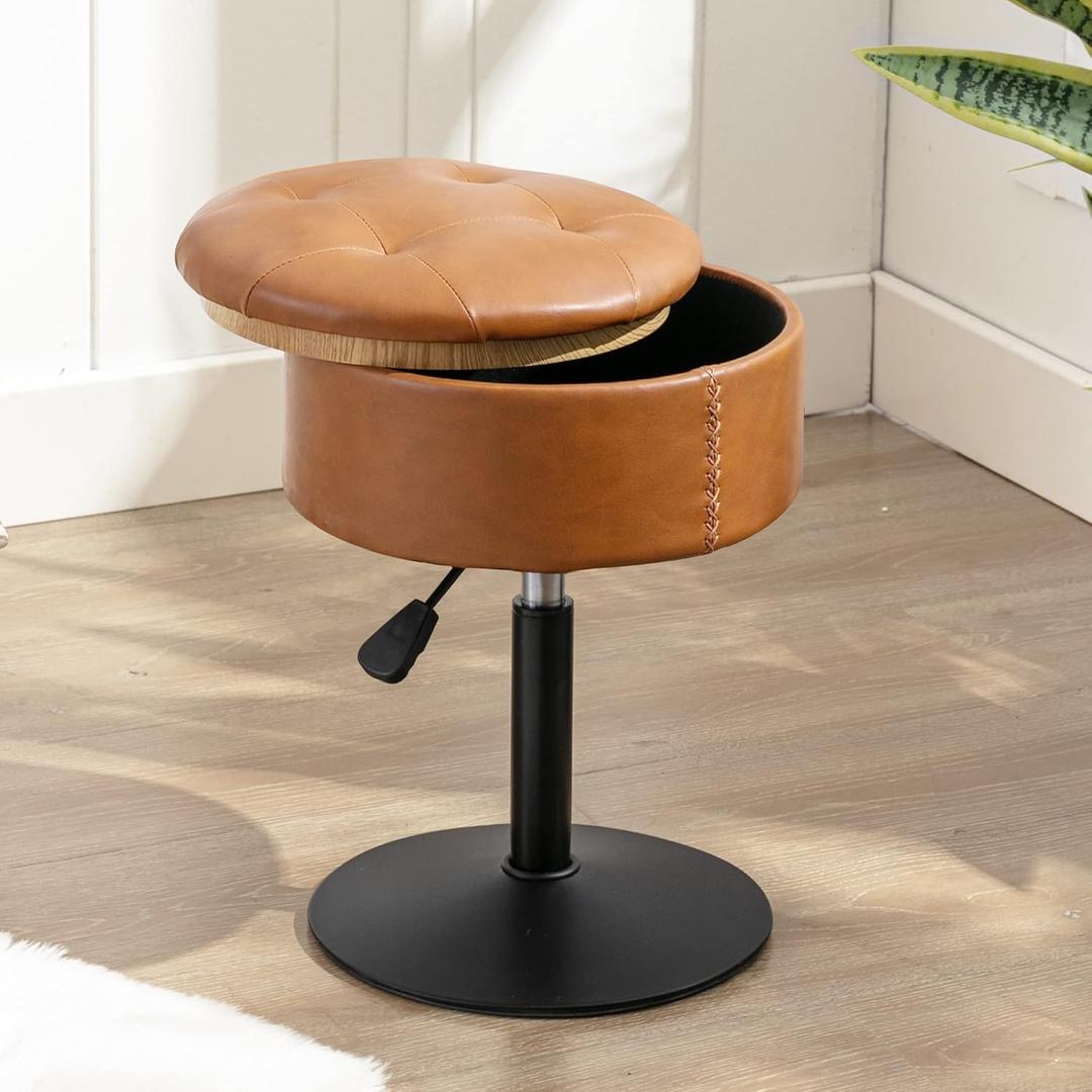 LUE BONA Adjustable Vanity Stool, 360°Swivel Vanity Chair for Makeup Room, Brown Stool Chair for Vanity, Small Faux Leather Vanity Stools for Bathroom, Living Room