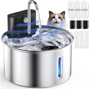 Cat Water Fountain Wireless Stainless Steel with Sensor 3.5L/118oz Battery Operated Rechargeable Automatic Water Dispenser Quiet Pump for Drinking Indoor, Easy Clean for Cats Dogs Pets