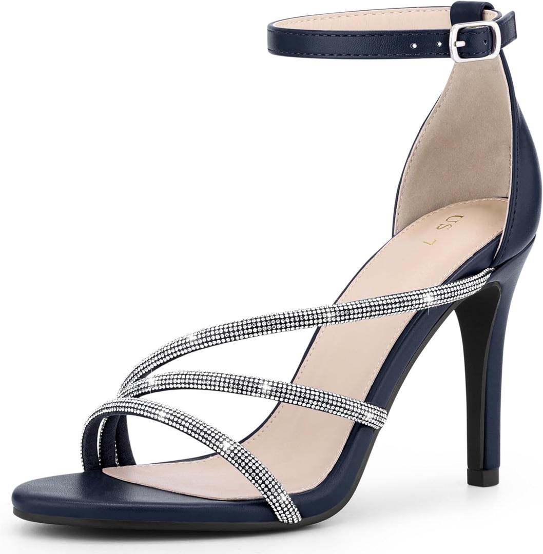 Allegra K Women's Open Toe Rhinestone Strappy Ankle Strap Stiletto Heels Navy Blue Sandals 7 M US