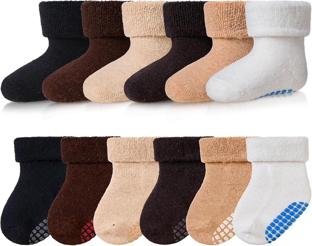 Baby Wool Floor Socks Soft Winter Warm Thick Non slip Toddler Boys Girls Crew Neck Socks 6 pairs (0-12 Months, Solid Color E)