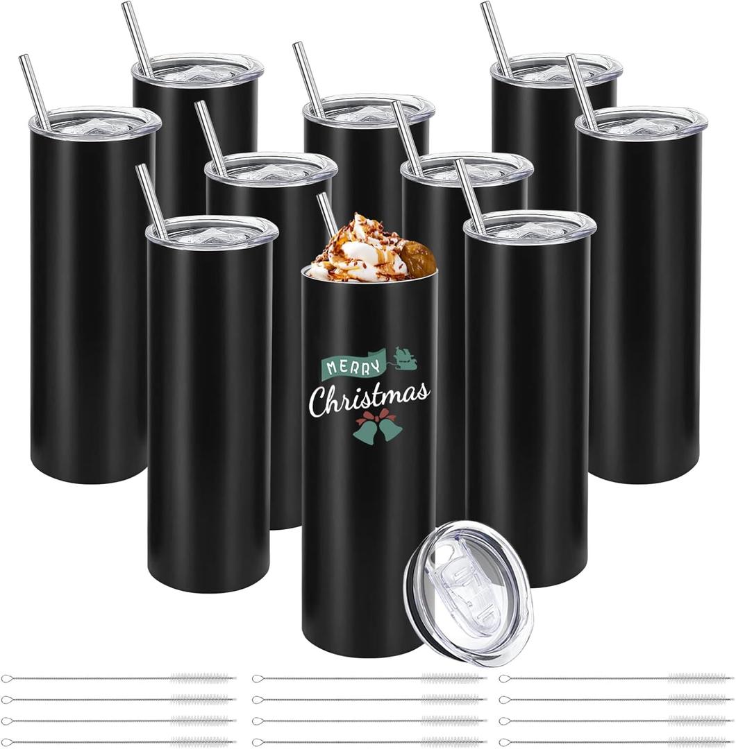 10 Pack Stainless Steel Skinny Tumblers 30oz Bulk Straight Double Wall Insulated Tumbler with Lid and Straw for Travel, DIY Gift, Black