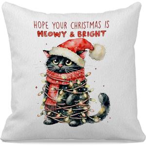 grapehiker Christmas Black Cat Pillow Covers 18x18, Gifts for Cat Lovers, Winter Holiday Christmas Black Kitten Kitty Decorative Throw Pillow Covers for Couch Bedroom Living Room Home