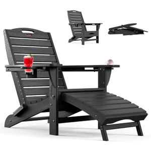 Ciokea Folding Adirondack Chair with Retractable Ottoman Fire Pit Patio Chair with Pull Out Foot Rest Weather Resistant Lawn Outdoor Lounge Chair with 2 Cup Holder (Black)