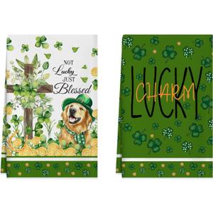 XCHI Dog Shamrocks Clovers Cross Coins St. Patrick's Day Kitchen Towels Dish Towels 18x26 Inch Home Kitchen Decorations Hand Towels Set of 2 Drying Dishcloth